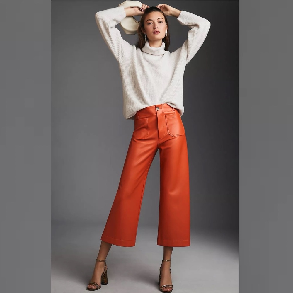 ANTHROPOLOGIE The Colette Cropped Wide-Leg Faux Leather Pants by Maeve in Orange - Picture 1 of 7